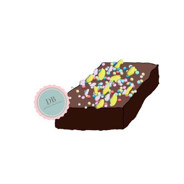 Ontwerp Denises-Brownies-Logans-&-lilly's. Brownie met gekleurde snoepjes en het logo