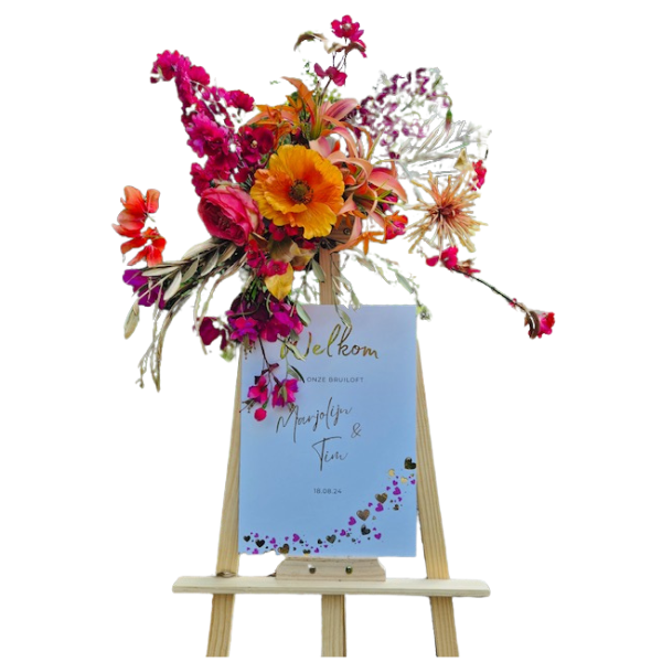 Welkomsbord bruiloft roze en gouden hartjes met goudfolie